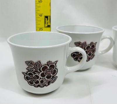 MCM Lot of 4 Corelle Coffee Cups Mugs White with brown "Batik" flower Design