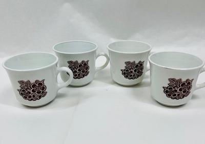 MCM Lot of 4 Corelle Coffee Cups Mugs White with brown "Batik" flower Design