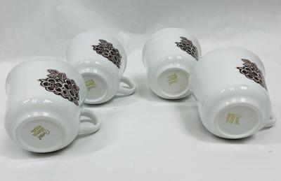 MCM Lot of 4 Corelle Coffee Cups Mugs White with brown "Batik" flower Design