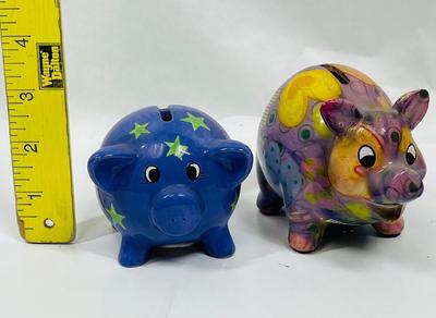 Lot of 2 Colorful Ceramic Bank Pig piggy, piglet flowers & stars