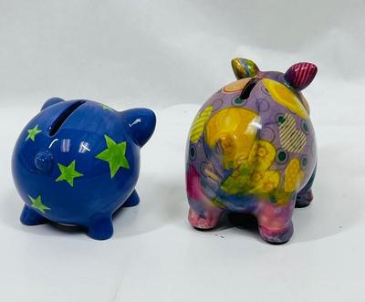 Lot of 2 Colorful Ceramic Bank Pig piggy, piglet flowers & stars