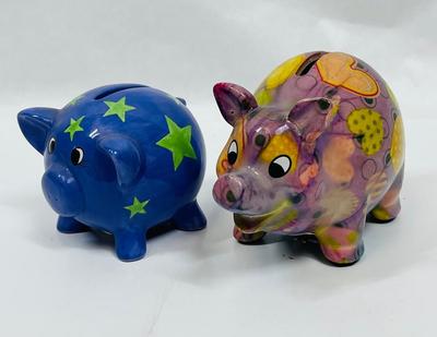 Lot of 2 Colorful Ceramic Bank Pig piggy, piglet flowers & stars