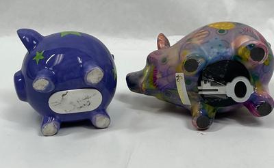 Lot of 2 Colorful Ceramic Bank Pig piggy, piglet flowers & stars