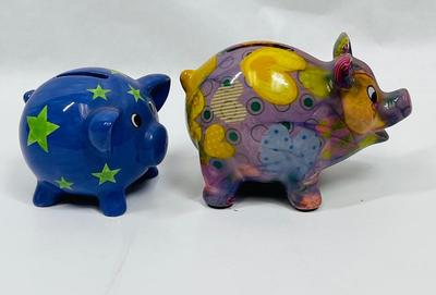 Lot of 2 Colorful Ceramic Bank Pig piggy, piglet flowers & stars