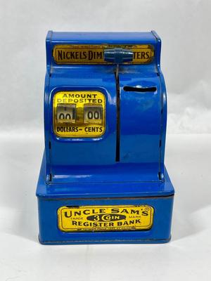 Vintage Uncle Sam 3 coin Toy Metal Cash Register