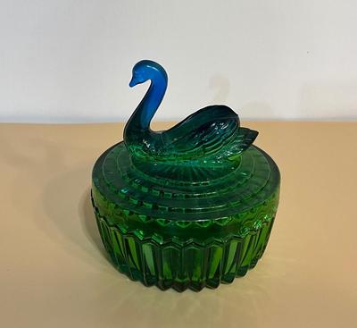 Green glass swan candy dish