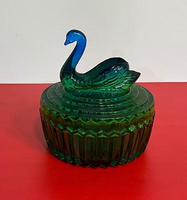 Green glass swan candy dish