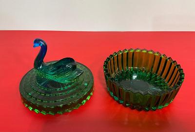 Green glass swan candy dish