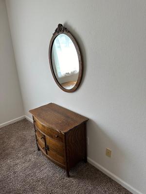 ANTIQUE CHEST AND WOOD FRAMED WALL MIRROR