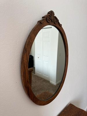 ANTIQUE CHEST AND WOOD FRAMED WALL MIRROR