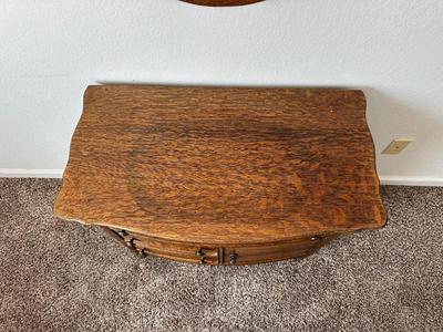 ANTIQUE CHEST AND WOOD FRAMED WALL MIRROR