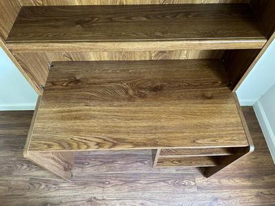 DESK WITH HUTCH AND WOODEN CHAIR