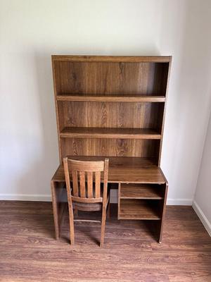 DESK WITH HUTCH AND WOODEN CHAIR
