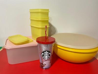 Tupperware and Starbucks drinking cup