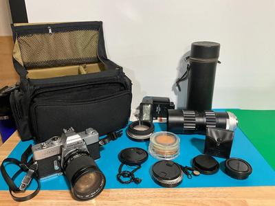 Minolta camera, lens, flash