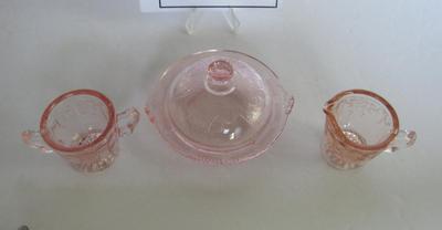 Child's Size Mosser Glass Jennifer Sugar, Creamer, Butter Dish, Jennifer, Pink