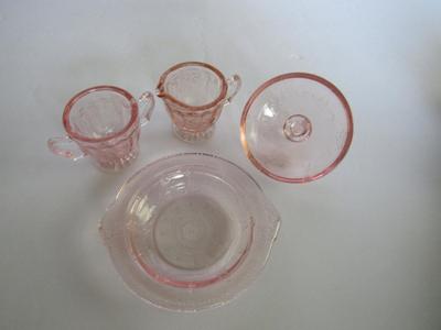 Child's Size Mosser Glass Jennifer Sugar, Creamer, Butter Dish, Jennifer, Pink