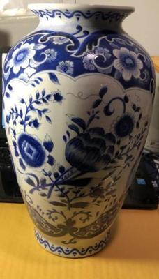 Vintage Asian Style Blue & White Vase Ex-Lamp Drilled 14" Tall Preowned from an Estate in Good Condition. (Heavy).