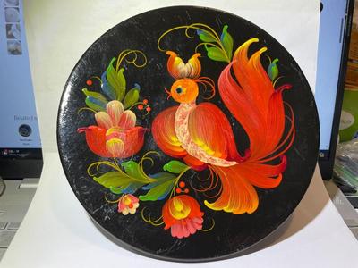 Vintage RUSSIAN Hand Painted Lacquered Wooden Plate Artwork 8.5" Diameter in Good Preowned Condition.