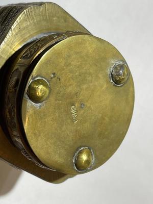Vintage Asian 4-Sided Engraved Brass Footed Tea Caddy Canister 4" Tall in Good Preowned Condition.