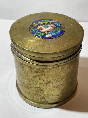 Vintage Asian Engraved Brass Tobacco/Tea Caddy Canister 3" Tall in Good Preowned Condition.