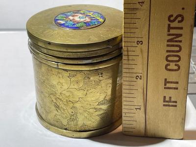 Vintage Asian Engraved Brass Tobacco/Tea Caddy Canister 3" Tall in Good Preowned Condition.