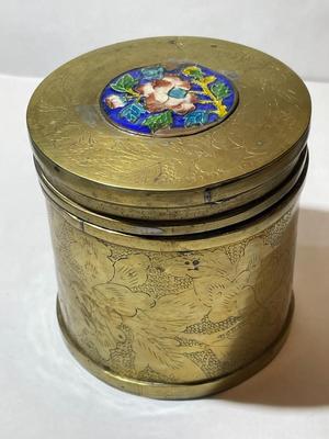 Vintage Asian Engraved Brass Tobacco/Tea Caddy Canister 3" Tall in Good Preowned Condition.