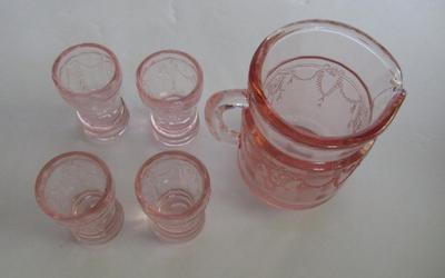Child's Size Mosser Glass Pitcher and 4 Tumblers, Pink
