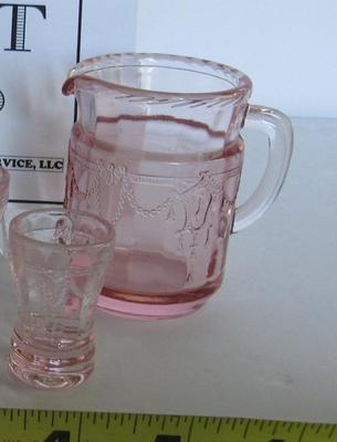 Child's Size Mosser Glass Pitcher and 4 Tumblers, Pink
