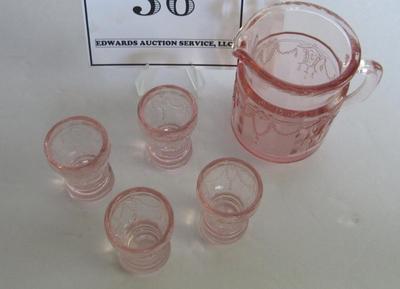 Child's Size Mosser Glass Pitcher and 4 Tumblers, Pink