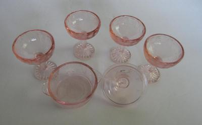 Child's Size Mosser Glass Jennifer Covered Dish and 4 Tall Sherberts, Pink