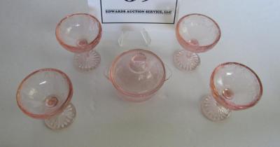 Child's Size Mosser Glass Jennifer Covered Dish and 4 Tall Sherberts, Pink
