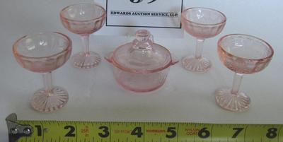 Child's Size Mosser Glass Jennifer Covered Dish and 4 Tall Sherberts, Pink