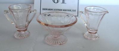 Child's Size Mosser Glass Jennifer Jelly Dish and Tall Sugar and Creamer, Pink