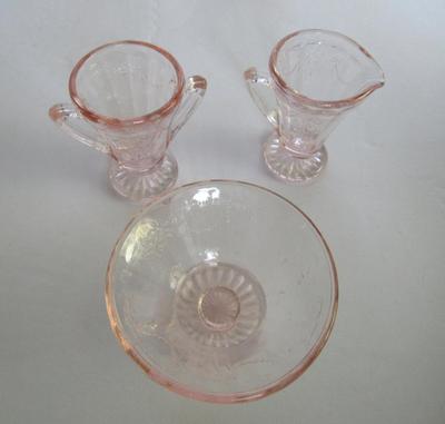 Child's Size Mosser Glass Jennifer Jelly Dish and Tall Sugar and Creamer, Pink