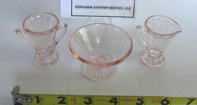 Child's Size Mosser Glass Jennifer Jelly Dish and Tall Sugar and Creamer, Pink