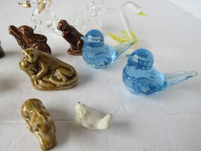 Lot of Miniature Vintage Glass and Wade Animals and Plastic Birds