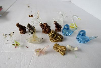 Lot of Miniature Vintage Glass and Wade Animals and Plastic Birds