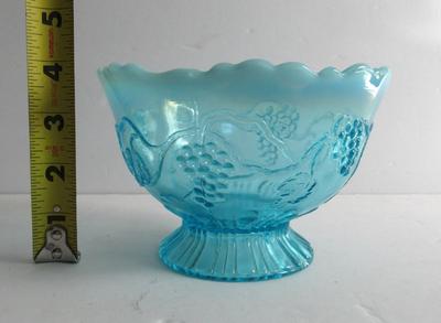 Vintage Blue Opalescent Footed Bowl, Grapes Theme