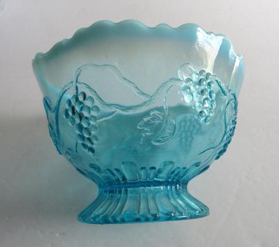 Vintage Blue Opalescent Footed Bowl, Grapes Theme