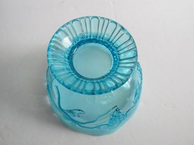 Vintage Blue Opalescent Footed Bowl, Grapes Theme
