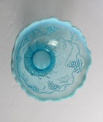 Vintage Blue Opalescent Footed Bowl, Grapes Theme