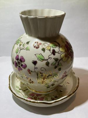Zsolnay - Hungary - Porcelain Vase w/Saucer - 5" Tall - Hand Painted in VG Preowned Condition as Pictured.