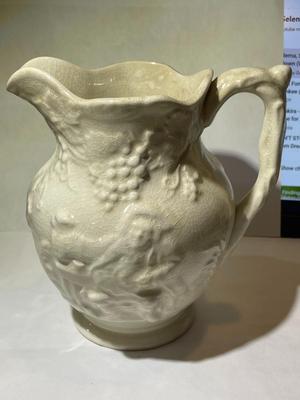 Vintage Spode Made in England Milk Pitcher Bas Relief Grapes Men Drinking All White 6" Tall. (Has Crazing).