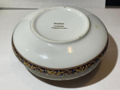 Vintage Limoges Designed in France Porcelain Covered Trinket Bowl by Bacchus w/Tags 5" Diameter as Pictured.