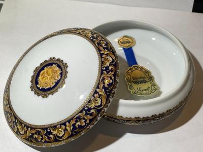 Vintage Limoges Designed in France Porcelain Covered Trinket Bowl by Bacchus w/Tags 5" Diameter as Pictured.