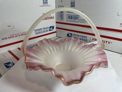 Vintage Peach Blow Style Art Glass 7.5" Wide Basket Preowned from an Estate in Good Condition.