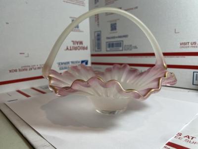 Vintage Peach Blow Style Art Glass 7.5" Wide Basket Preowned from an Estate in Good Condition.