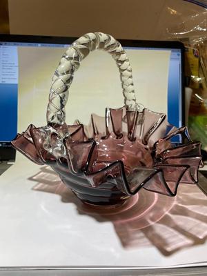 Vintage Deco Style Bohemian Amethyst Art Glass Beehive Basket in VG Preowned Condition.