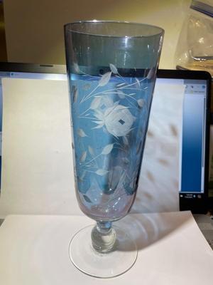 Vintage Light Blue Etched Pedestal Beer Glass 9.75" Tall in Good Preowned Condition.